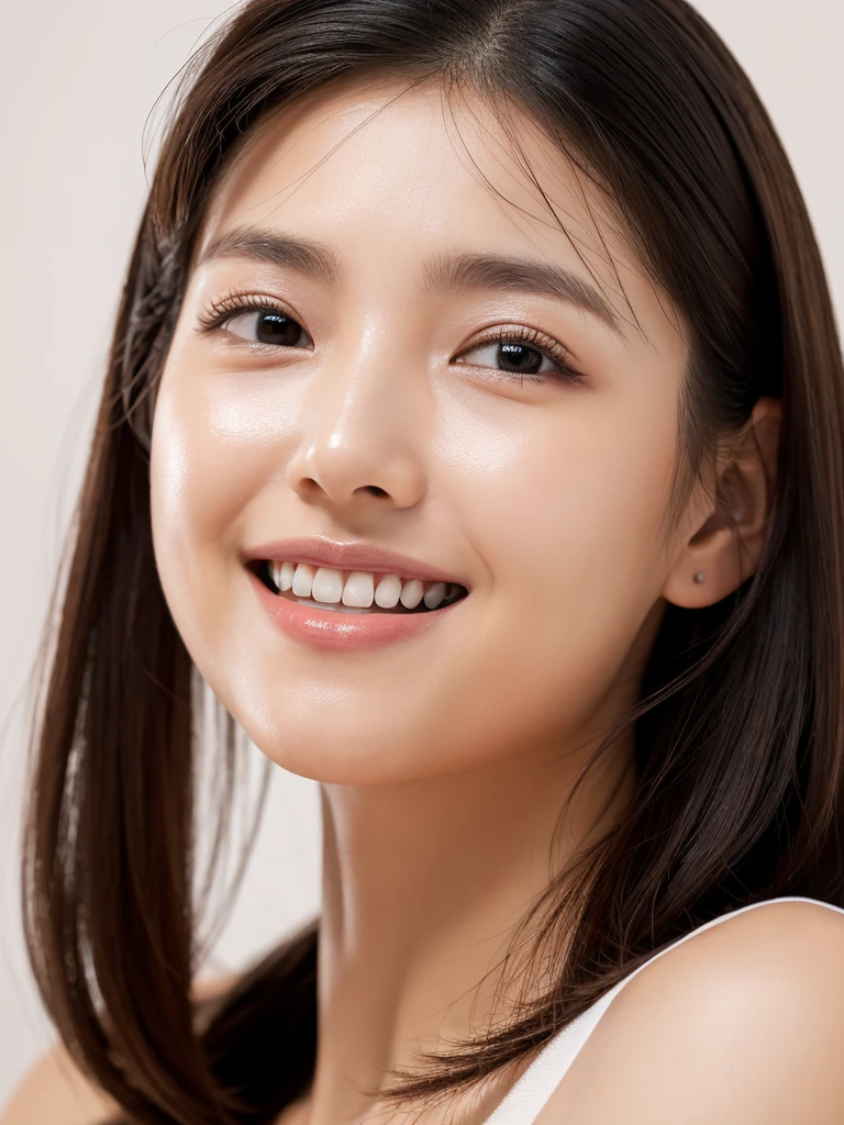 whiteroom, 1 girl, look at the camera, smile, H~I cup, model's expression, big black eyes, wide double eyelids, high nose bridge, small well-shaped mouth, thin lips, smooth fair skin, high cheekbones, symmetrical face, natural eyebrows, gentle smile, shiny black hair, straight hair, soft facial expression, well-defined jawline, oval-shaped face, see-through bangs, slightly upturned outer eye corners, natural eyeliner, tear bags, healthy cheek color, bright white teeth, well-aligned teeth, Tank top, Shiny skin, Sweaty body, Dramatic lighting, Huge breath, (8K, 4K, Best Quality, High Definition, Ultra High Definition: 1.1), (Masterpiece, Realistic, Photorealistic: 1.1), #tarasuzuka24