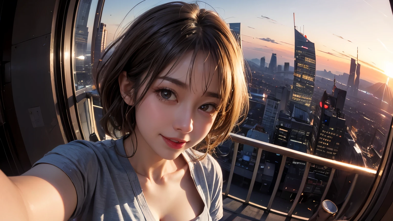 xxmixgirl,One Girl, Fisheye Lens, Selfie, Wind, Messy Hair, sunset, Cityscape, (Aesthetics and atmosphere:1.2), Gray Hair,smile, Film Girl, Short top shirt, Open your chest wide,