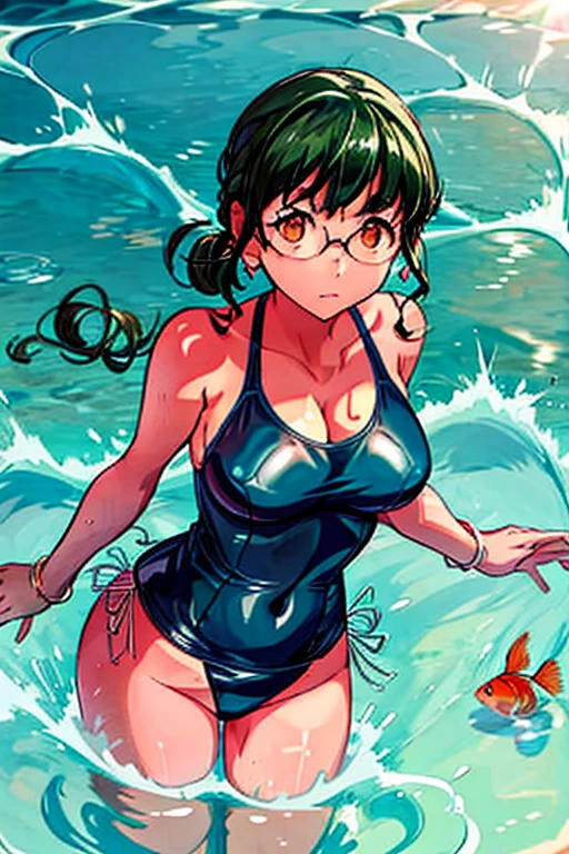 An anime girl in a swimsuit on a beach submerged in the water, observing a beautiful goldfish