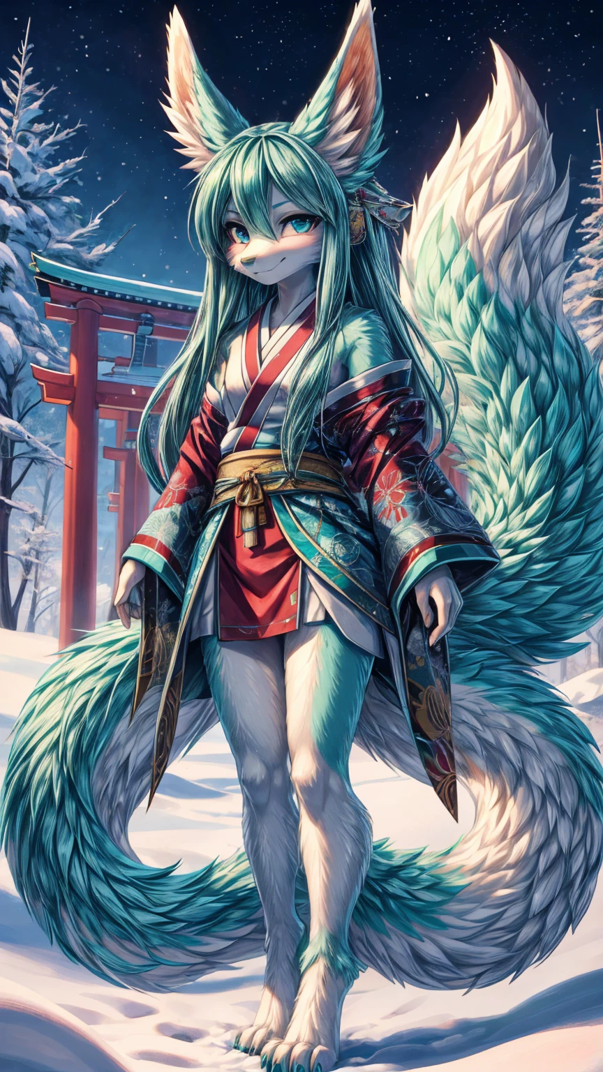The best quality, Adolescente hatsune miku x kitsune japones add_detail,, kitsune warrior in the snow add_detail:1, barefoot add_detail:1 mystical aura, as if it were a Japanese canvas add_detail 
