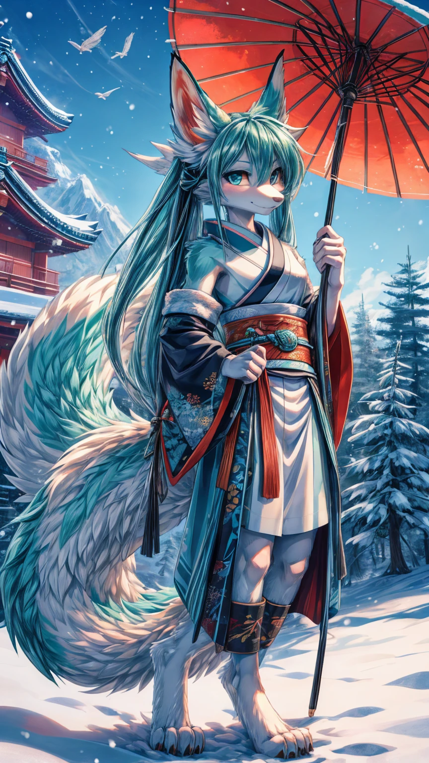 The best quality, Adolescente hatsune miku x kitsune japones add_detail,, kitsune warrior in the snow add_detail:1, barefoot add_detail:1 mystical aura, as if it were a Japanese canvas add_detail
