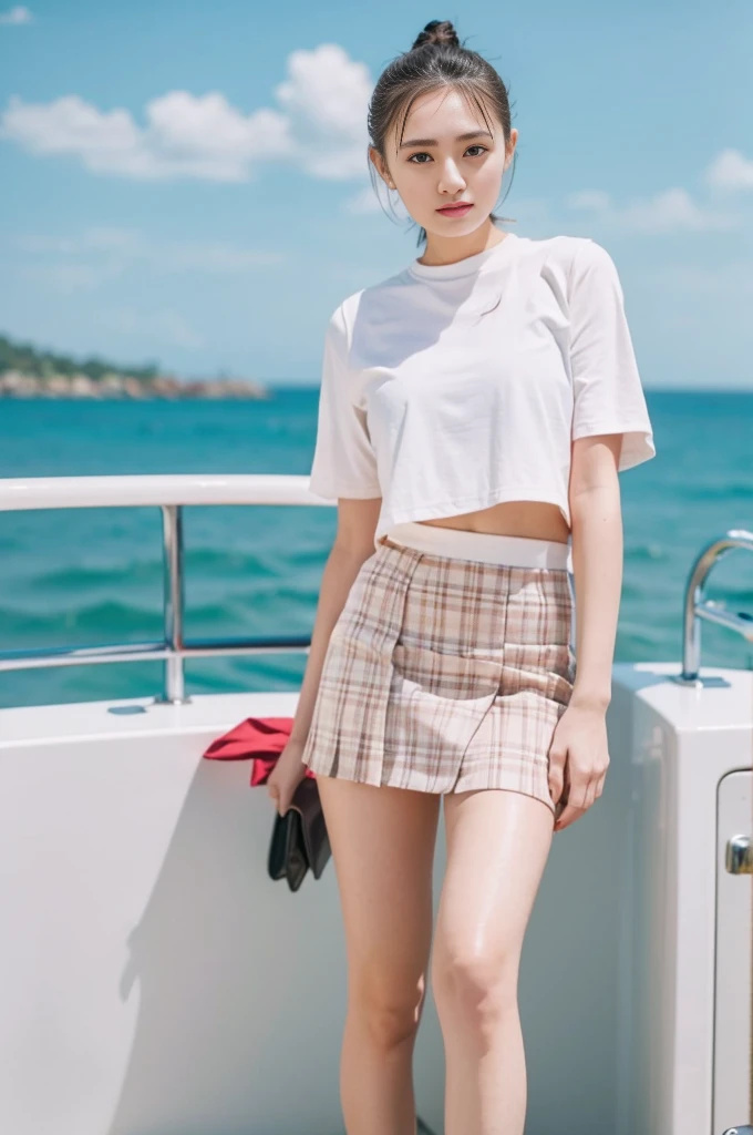 (8k, RAW Photos, Highest quality, masterpiece:1.2,Film Grain:1.1), masterpiece, Highest quality, shape, Very detailed, Fine details, High resolution, 8k,wallpaper, Perfect dynamic composition,(High quality with attention to detail, Realistic depiction of eyes:1.3)、A woman who has been and has her Hand tied、Place your arms behind your back、Hand tie,Standing on a yacht floating on the sea、Tartan Check Pleated Skirt、whole body、A strong wind blows and flips up my skirt、White panties are visible、The whole is facing forward、21talent、beauty、Well-formed face、Even out the eyes、Beautiful black hair、Banditium Build、Balanced ratio、Beautiful feet、Short sleeve blouse、Fresh face、Beautiful views、