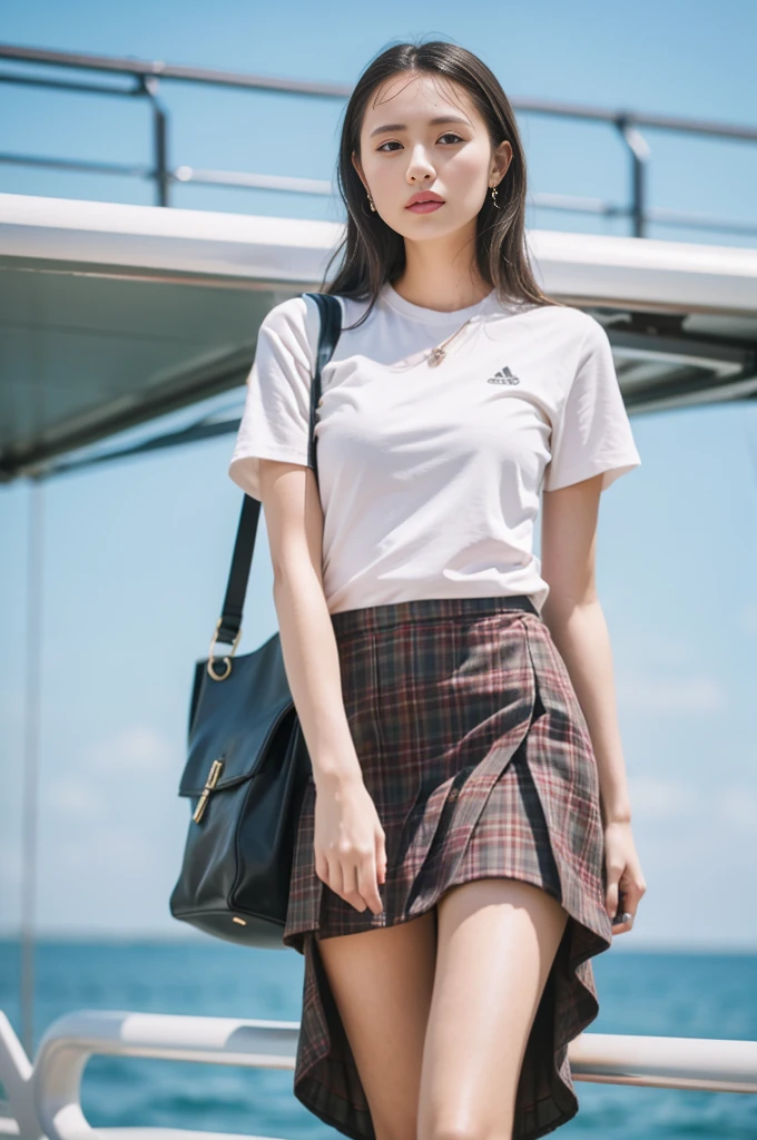 (8k, RAW Photos, Highest quality, masterpiece:1.2,Film Grain:1.1), masterpiece, Highest quality, shape, Very detailed, Fine details, High resolution, 8k,wallpaper, Perfect dynamic composition,(High quality with attention to detail, Realistic depiction of eyes:1.3)、A woman who has been  and has her Hand tied、Place your arms behind your back、Hand tie,Standing on a yacht floating on the sea、Tartan Check Pleated Skirt、whole body、A strong wind blows and flips up my skirt、White panties are visible、The whole is facing forward、２１talent、beauty、Well-formed face、Even out the eyes、Beautiful black hair、Banditium Build、Balanced ratio、Beautiful feet、Short sleeve blouse、Fresh face、Beautiful views、