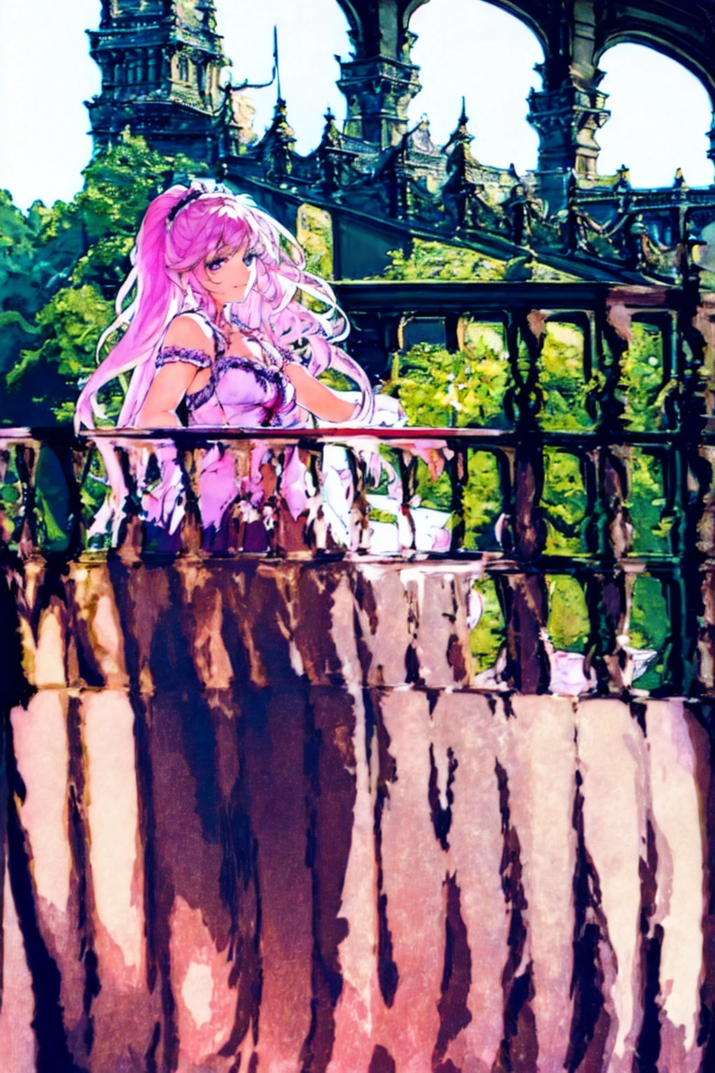 NSFW, (saliva:1.3), (orgasm face1.3),(ssmile),(open vagina, vivid pussy, high quality vagina:1.3),(Rococo architecture:1.2),(castle balcony:1.5), dynamic angle,((1 girl, Purple sheer pleated mini dress , higher resolution)), (beautiful illustration),(beautiful semi long hair),(gazing at viewer),innocent ssmile,cinematic lighting,above knee white,Lace chalk, bracelet,bracelet, white fingerless gloves, aretes,giorno,blue sky,breasts big,red lipgloss stick,