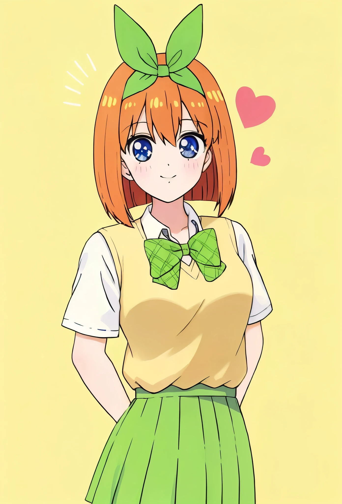 anime girl with green bow and yellow shirt and green skirt, anime visual of a cute girl, anime best girl, anime moe artstyle, score_9, score_8_up, score_7_up, score_6_up, source anime, abustoypnxl, nakano yotsuba, (1 girl) Sfw, yotsuba nakano, pretty teenage girl with short orange hair, heart shaped lips and blue eyes making a cute face, aayotsuba, short hair, bob hair, Nakano yotsuba, from The Quintessential Quintuplets, Yotsuba Nakano, masterpiece, 4k, ultradetailed, cowboy shot, nakano Yotsuba, pink orange hair, blue eyes, sparkling eyes, nakano yotsuba, orange hair, hair bow, green bowtie, yellow sweater vest, collared shirt, green skirt, dynamic pose, moving, dynamism, hair between eyes, transparent, translucent