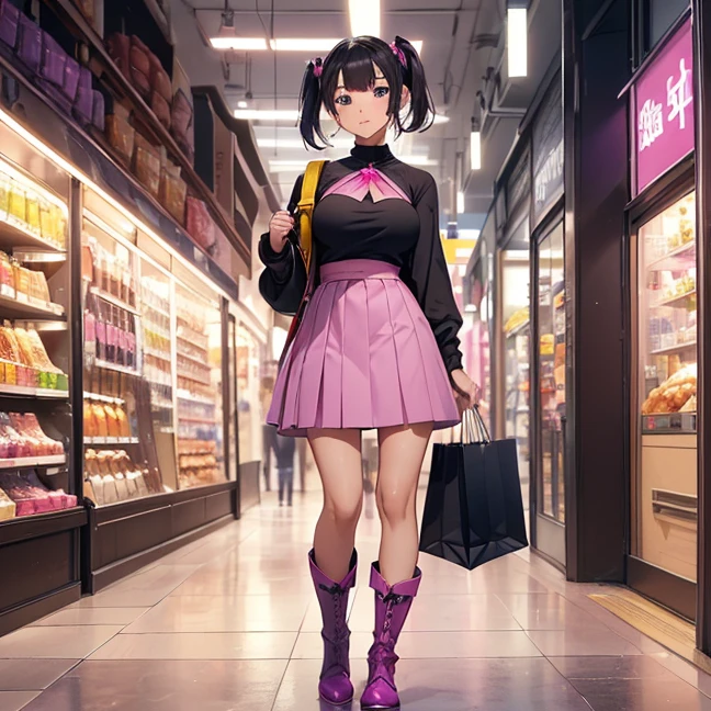 Master piece, best high quality image, carefully detailed details and textures, alone character, full character view
{{(1character: 20 years old black haired japanese human girl noble: (fair skin, black short hair tied in two short pigtails, beautiful blue eyes, beautiful face, sharp eyebrows, nice figure, big breasts, beautiful legs, shy expression, walking around), (pink skirt, purple top, red boots), (shopping, clean floor, diverse stores))}}