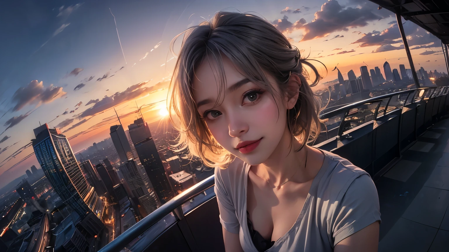 xxmixgirl,One Girl, Fisheye Lens, Selfie, Wind, Messy Hair, sunset, Cityscape, (Aesthetics and atmosphere:1.2), Gray Hair,smile, Film Girl, Short top shirt, Open your chest wide,