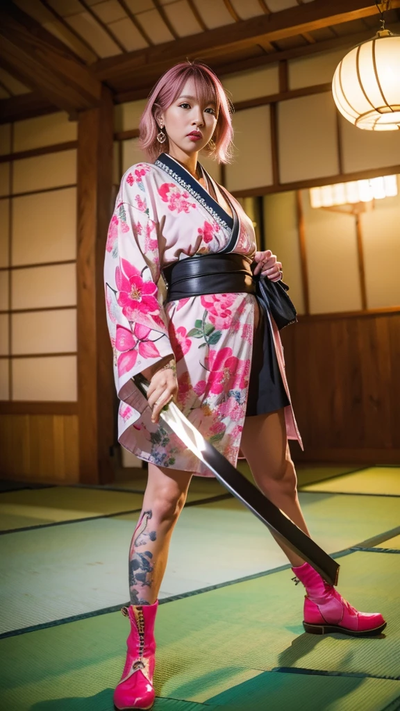 Beautiful Chinese woman, (), cute face, red lips, white moist skin, moles, under-eye bags,
BREAK,
Feminine body with high athletic ability, Body of a female fitness model, Feminine body with hard tones, (Muscles: 1.2), (Beautiful belly button),
BREAK,
Martial artist, Kung Fu fighter, Idol,
BREAK,
(Wearing cute kimono: 1.3), (Kimono with high exposure), (Super long boots 1.3), Necklace, Very large earrings, Short length,
BREAK,
Short hair, (Short bob hair), (Bangs: 1.2), (Pink hair: 1.3), (Wavy hair),
BREAK,
(Very large Japanese sword: 1.4), (Holding the handle of a Japanese sword in hand: 1.3), (Raising a very large Japanese sword: 1.2), (Getting into a fighting stance),
BREAK,
(Japanese tattoo: 1.4),
BREAK,
Masterpiece, Perfect lighting, Ultra high resolution, 8K, (highly detailed:1.4), (front view), looking at camera, melancholy expression,
BREAK,
(Tokyo city, lots of people in background:1.2), Japanese city background,