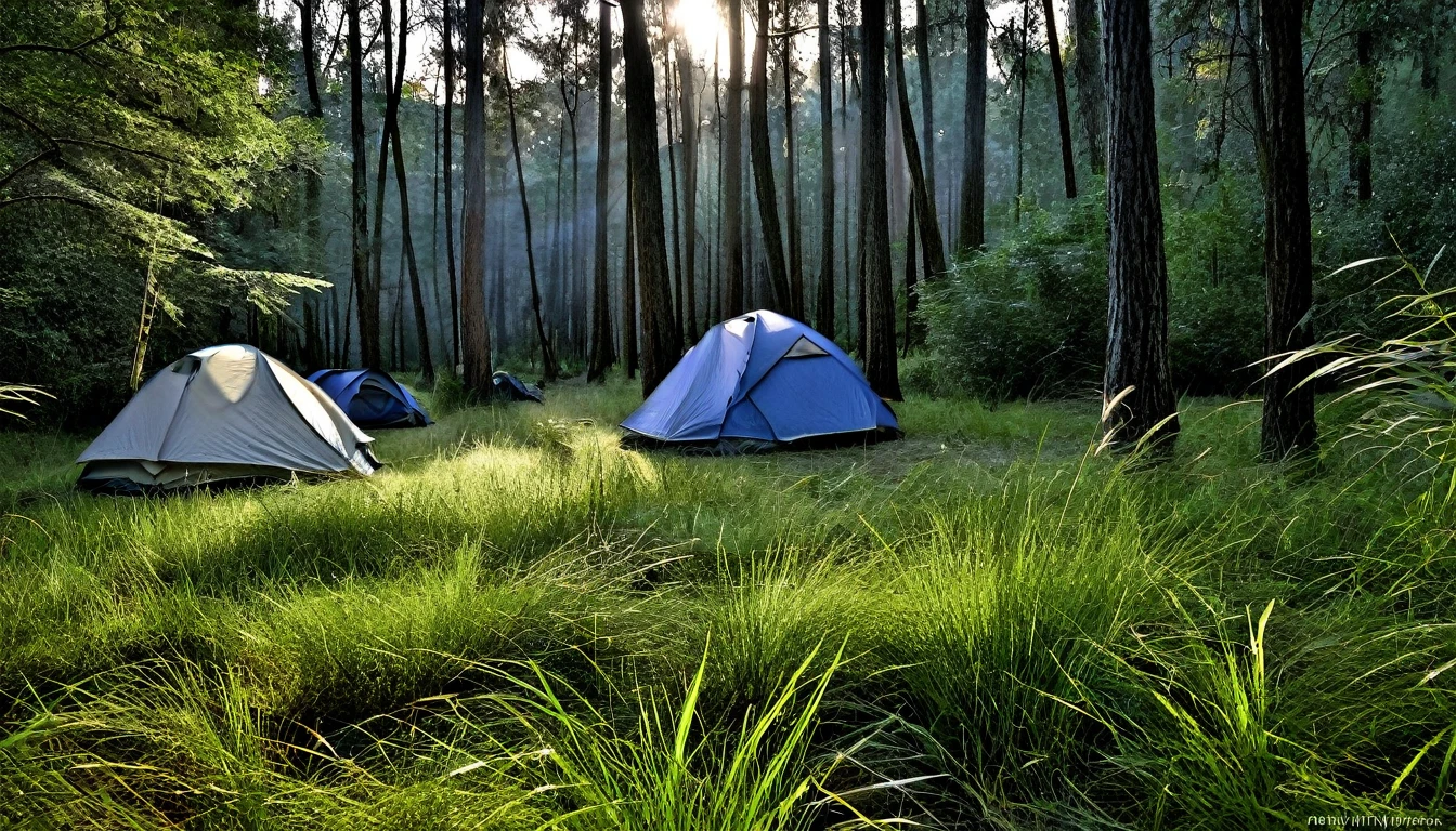 forest area with tall grass on the ground between the trees. Two lone camping tents set up in the tall grass. It's late afternoon, and the sky is getting darker, creating a tense atmosphere. The trees are thick, and the shadows are getting longer, heightening the suspense. The scene captures the feeling of anticipation as night approaches."