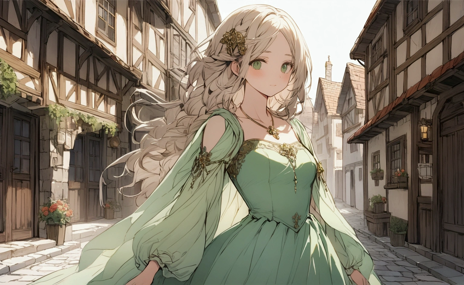 Create a detailed illustration of a beautiful medieval woman standing on a cobblestone street, with the focus on your character rather than your costume. She is dressed in a simple dress, yet elegant, in soft, neutral tones, like light gray or sage green. The dress has a modest neckline, with minimalism in embroidery or decorations, and features long, flowing sleeves and a fitted bodice.
Her hair is styled in loose waves that fall over her shoulders., with some small braids and a simple and delicate hair accessory, like a small ribbon or flower.
The background shows a charming medieval street with stone buildings, wooden beams and low-key market stalls. Soft, warm light filters through the scene, casting a gentle glow over the cobblestones and buildings. The atmosphere is serene and inviting, reflecting a peaceful day in a medieval town.
The woman's expression is thoughtful and soft, with natural and minimal makeup highlighting your features. She is looking directly at the viewer with a serene posture, making her the central focus of the illustration. The scene must be rich in textures and details, but the main emphasis is on the character itself, instead of on clothes