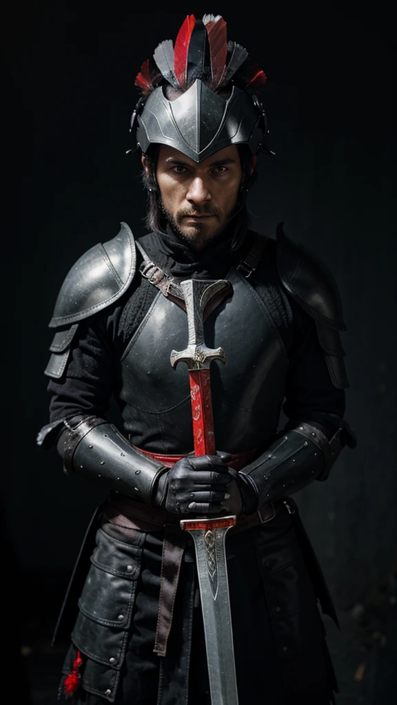 A man wearing black armor, carrying a red sword, and a helmet with black feathers and a dark background