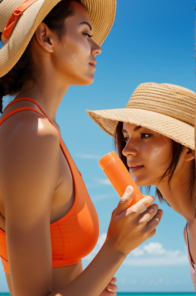 Tube sunscreen The background is orange or red and at the bottom of the background image is a woman applying sunscreen behind a sunscreen. The product has a brand name: Sunscreen.