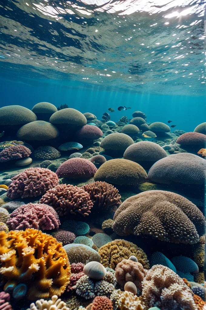 The ocean with seaweed snails, colorful fish crystalline stones