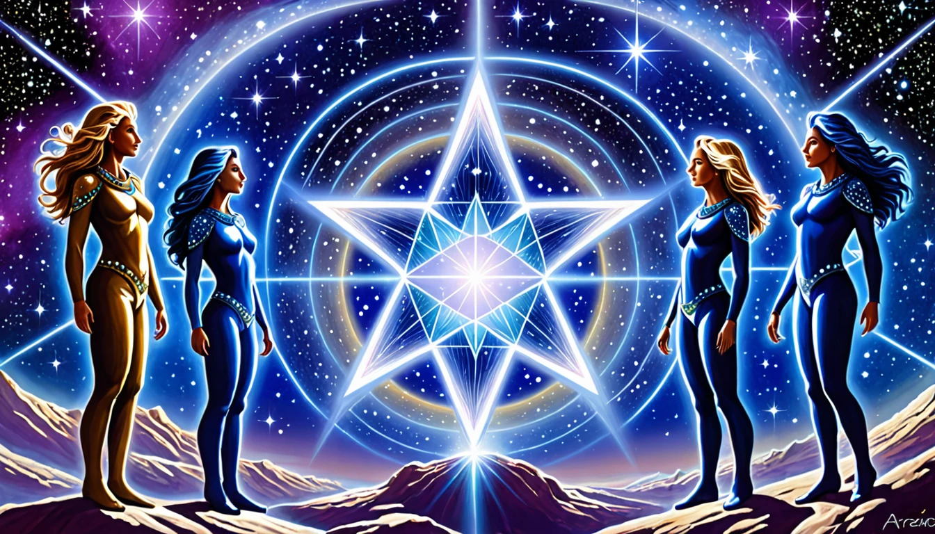 In the vast expanse of the cosmos, the mystical glow of the Pleiades Cluster, situated between Sirius and the Zeta Reticuli star systems, radiates the profound knowledge and energy of the Central Race. Together with Ashtar, the Arcturians, members of the Galactic Federation, converge based on the decisions of the Arcturian Council for a meeting with the Andromedan Council. Their mission is to support the Ascension Shift of Lightworkers and Starseeds, especially Indigo Children and Crystal Children. Channeling the energy of the Essassani, waves of love and harmony spread throughout the universe via the Lion's Gate
