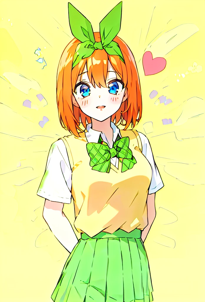 anime girl with green bow and yellow shirt and green skirt, anime visual of a cute girl, anime best girl, anime moe artstyle, score_9, score_8_up, score_7_up, score_6_up, source anime, abustoypnxl, nakano yotsuba, (1 girl) Sfw, yotsuba nakano, pretty age girl with short orange hair, heart shaped lips and blue eyes making a cute face, aayotsuba, short hair, bob hair, Nakano yotsuba, from The Quintessential Quintuplets, Yotsuba Nakano, masterpiece, 4k, ultradetailed, cowboy shot, nakano Yotsuba, pink orange hair, blue eyes, sparkling eyes, nakano yotsuba, orange hair, hair bow, green bowtie, yellow sweater vest, collared shirt, green skirt, dynamic pose, moving, dynamism, hair between eyes, transparent, translucent