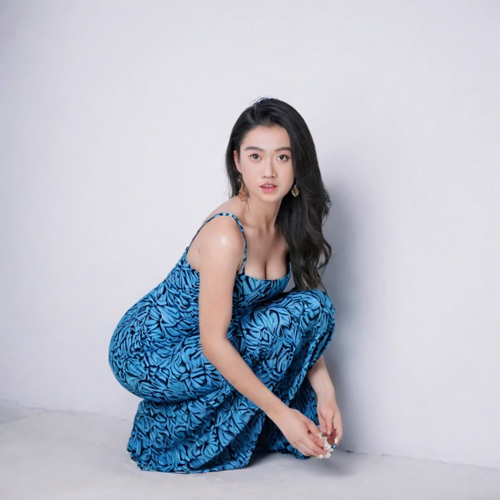 180 degree shot of a young woman squatting on her knees  in a maxi dress, bodycon dress