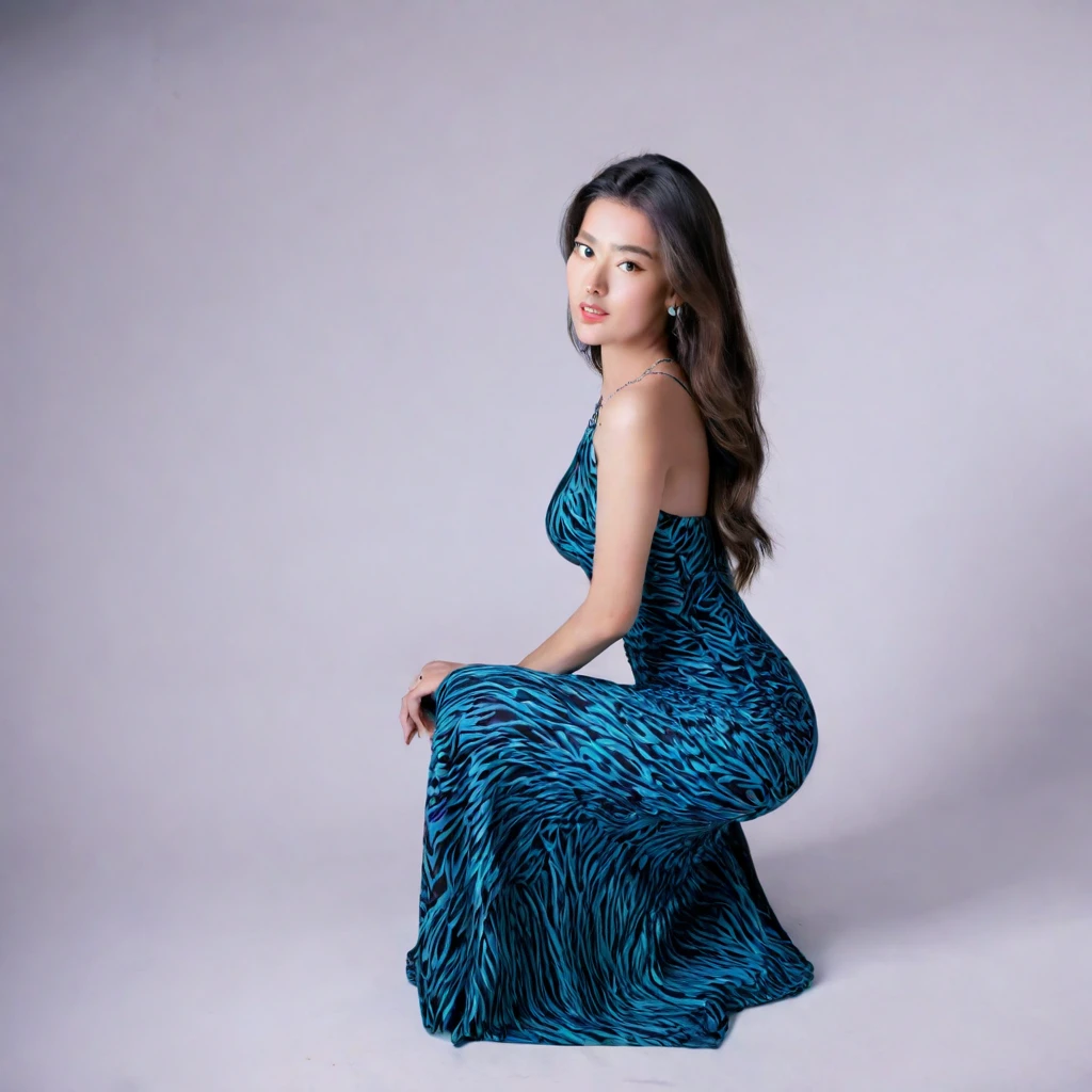 180 degree shot of a young woman squatting on her knees in a maxi dress, bodycon dress