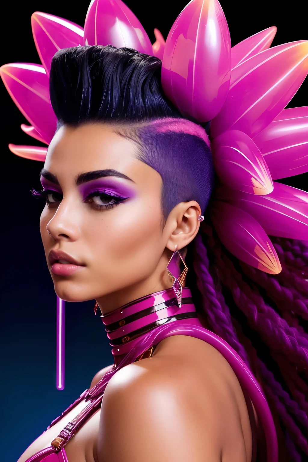 Objective: (Epic album cover), Powerful Amazonian Women, Oversized derrieres contrasting with  busts, rich dark melanin:2, (Stylish) Mohawk fade haircut, (Strong focus:2), Neon purple hues, [Liquid translucent armor, (Highest quality:2), A HUGE Ass Milf with Small , (AMAZON WOMEN):2], adorned with plenty of bio-translucent pink accents, inflatable parts, and voluminous puffy sleeves, Attire: (Red warrior garb), Sexy, Sensational, Inspired by Dua