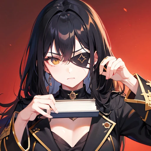 Eye patch on one eye,Cartoon of a woman wearing a black coat and black trousers,, Inspired by Le Chevalier, anime, Moe, Art Style, Cytus and Deemo Style, anime風キャラクター,One Girl,((One eye is normal,Eye patch on one eye,black eye,Scars on face,Hold a book in one hand,Casts powerful fire magic,Long black hair,Aggressive face,Very strong))