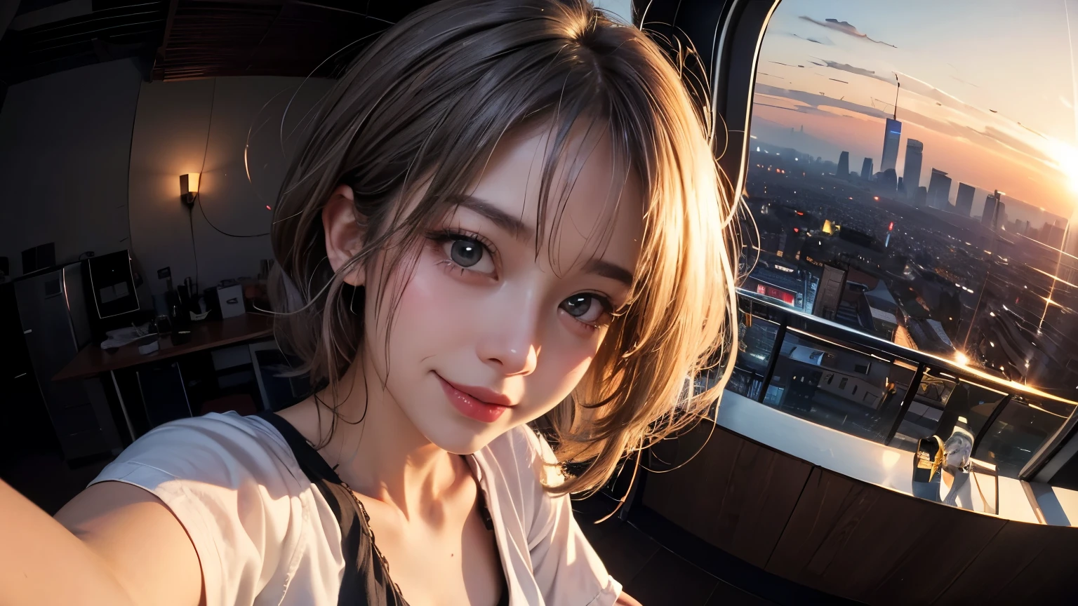 xxmixgirl,One Girl, Fisheye Lens, Selfie, Wind, Messy Hair, sunset, Cityscape, (Aesthetics and atmosphere:1.2), Gray Hair,smile, Film Girl, Short top shirt, Open your chest wide,
