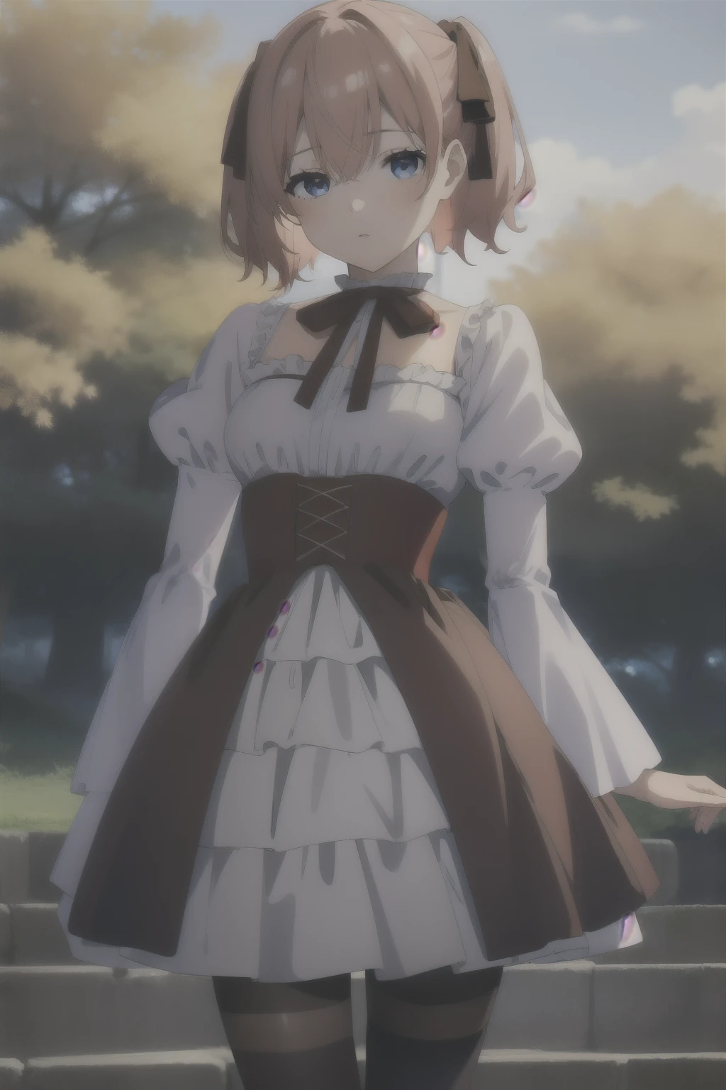 line eye,One girl,alone,short hair,Hair between the eyes,Red Hair,Medium Hair,Light blue eyes,
Ruffled shirt collar,Dark red choker,White frill shirt,Juliet Sleeve,Long sleeve,Dark red neck ribbon,Dark red dress,White ruffle dress,White layered dress,Brown corset,Striped pantyhose,
Mary Jane,Outdoor, Amazing visuals, High resolution,masterpiece,Highest quality,Amazing visuals,High resolution,masterpiece,Highest quality,18-year-old,young woman,Beautiful fingers,Beautiful long legs,Beautiful body,Beautiful character design,