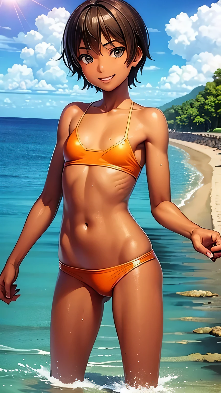 highest quality、Realistic、zoom、Chestnut Hair、Cobalt green eyes、short hair、Orange swimsuit、Tanned black body、Tan、Dark Skin、slender、Small breasts、Sweat、smile、Ocean、