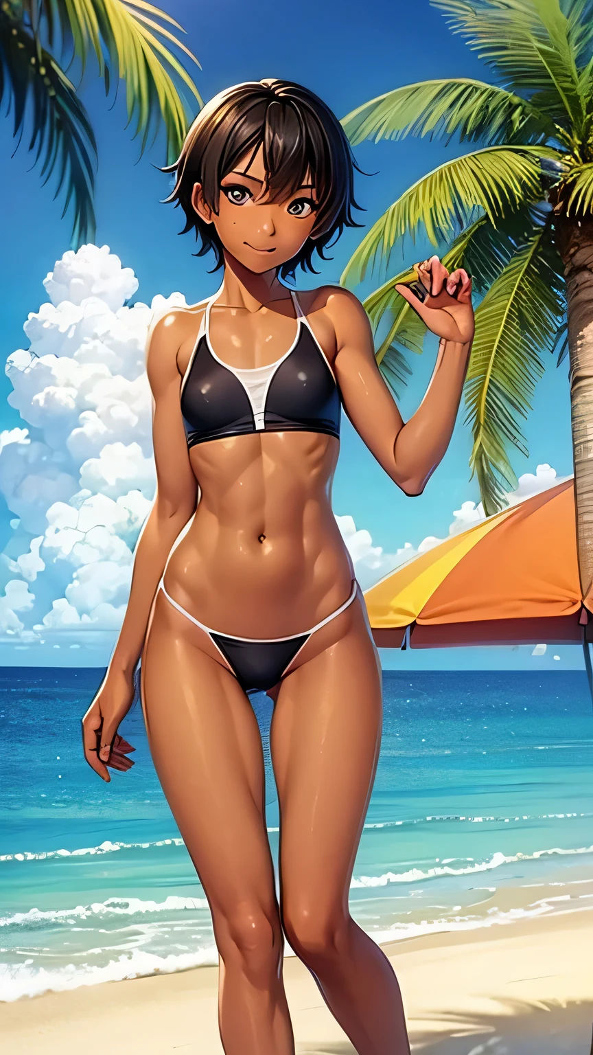 highest quality、Realistic、zoom、Chestnut Hair、Cobalt green eyes、short hair、Orange swimsuit、Tanned black body、Tan、Dark Skin、slender、Small breasts、Sweat、smile、Ocean、