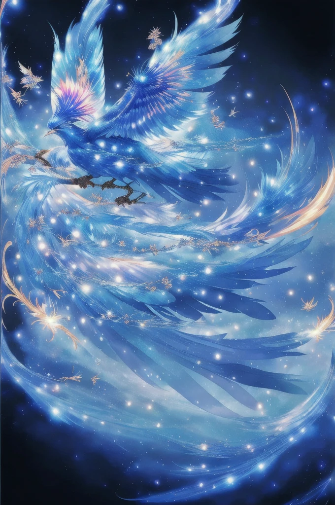 Blue Suzaku、blue bird 、Blue Phoenix、Large wings、Bright light、There is a lot of light overall、大きいblue bird 、Beautiful feathers、Flying Upwards、god々Shii