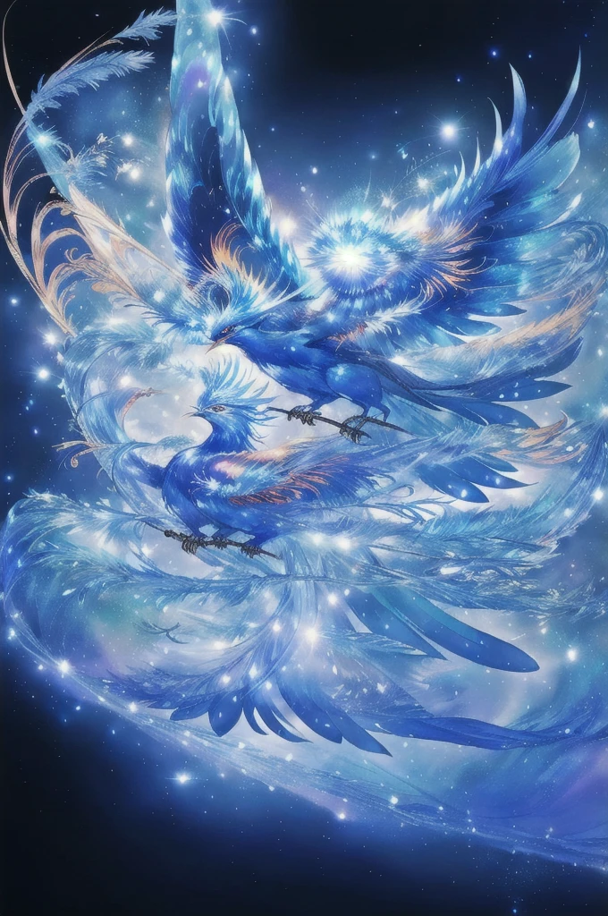 Blue Suzaku、blue bird 、Blue Phoenix、Large wings、Bright light、There is a lot of light overall、大きいblue bird 、Beautiful feathers、Flying Upwards、god々Shii