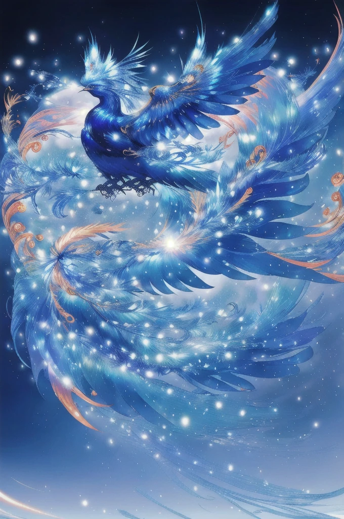 Blue Suzaku、blue bird 、Blue Phoenix、Large wings、Bright light、There is a lot of light overall、大きいblue bird 、Beautiful feathers、Flying Upwards、god々Shii