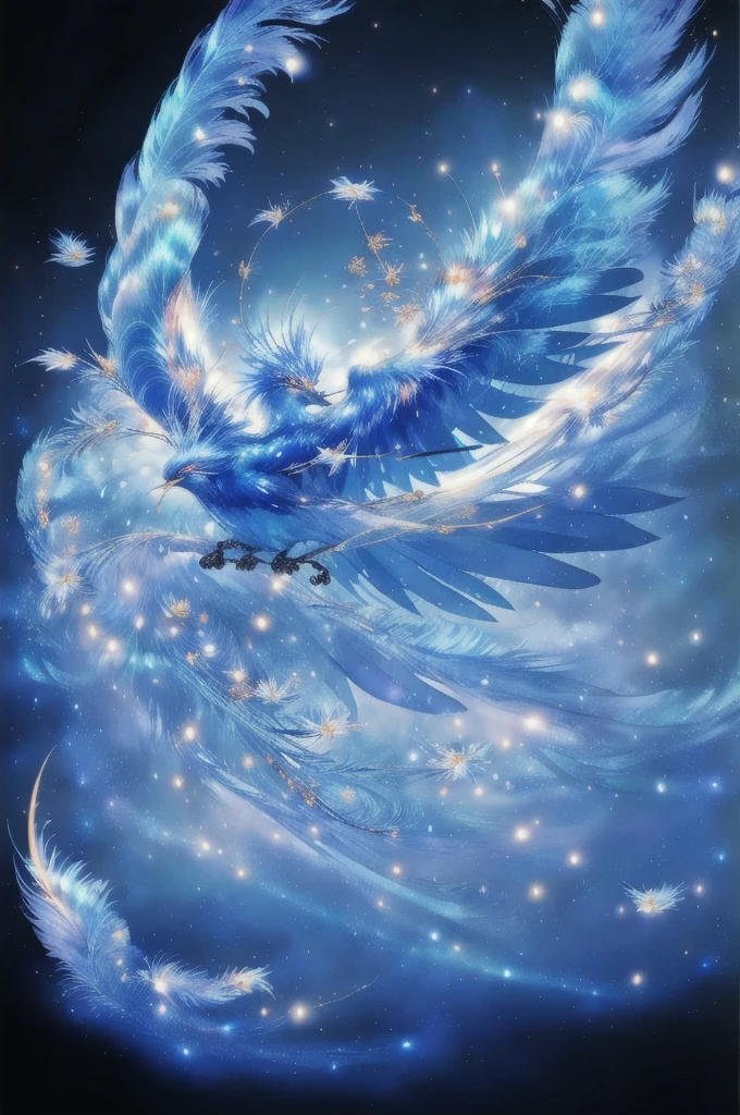 Blue Suzaku、blue bird 、Blue Phoenix、Large wings、Bright light、There is a lot of light overall、大きいblue bird 、Beautiful feathers、Flying Upwards、god々Shii