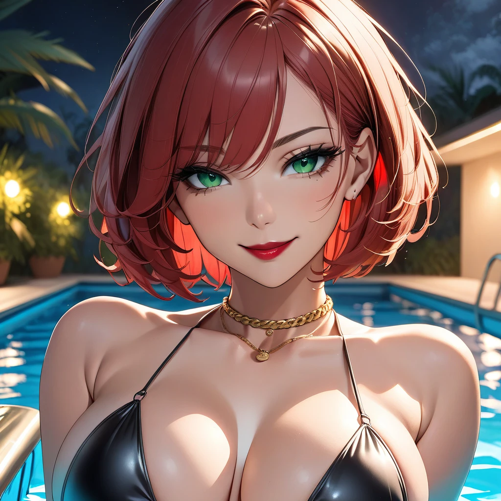 beautiful woman, ((caucasian skin)), red hair, short hair, seductive smile, ((pool)), at night, sensual poses, red lipstick, black bikini top, high black thong, green eyes, portrait, slender body, gold neck chain, busty