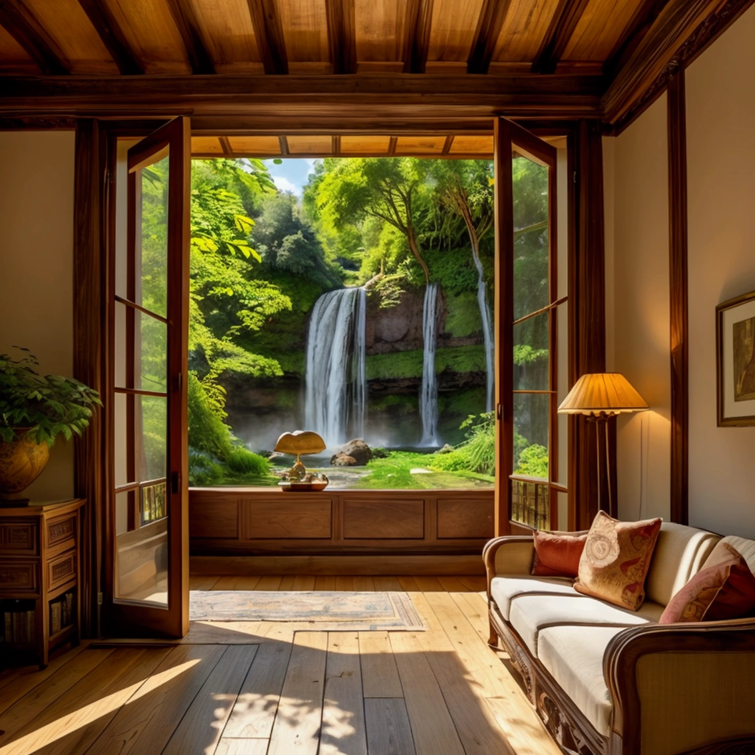 This is a warm wooden living room. The interior of the room is made of wood as the main material, exuding natural simplicity and warmth. Floors, walls and ceilings are made of fine wood, giving it a natural texture. There are some classical furniture in the living room, an antique wooden sofa with soft cushions, and a beautifully carved coffee table next to it. There is an antique bookcase next to the wall, which is filled with various ancient books and exquisite ornaments, adding to the classical atmosphere of the room. There is a large window on one side of the living room, and outside the window is a magnificent natural landscape: a waterfall rushing down from a high place, surrounded by dense trees and lush greenery. The sun casts dappled light and shadow through the leaves, and the sound of the waterfall can be heard clearly, adding a sense of tranquility and coziness to the room.