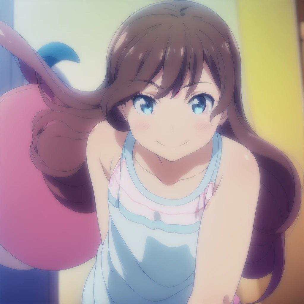 1 girl,Alone,animator,smile,Whole body,
 hope,Brown_hair,long_hair,blue_eyes,collector,