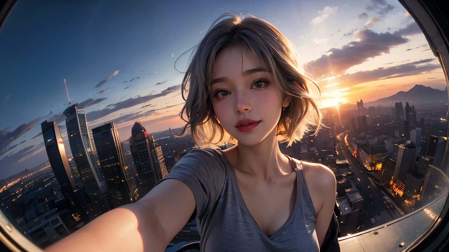 xxmixgirl,One Girl, Fisheye Lens, Selfie, Wind, Messy Hair, sunset, Cityscape, (Aesthetics and atmosphere:1.2), Gray Hair,smile, Film Girl, Short top shirt, Open your chest wide,