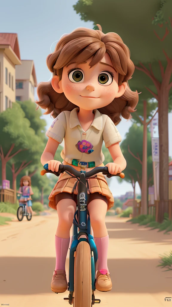 A , with brown hair, drives a bicycle, and on the back of the bike, there is another girl, 8 years old, bling. They ride bicycles through the dirt streets of a coastal city. The image must be sideways.