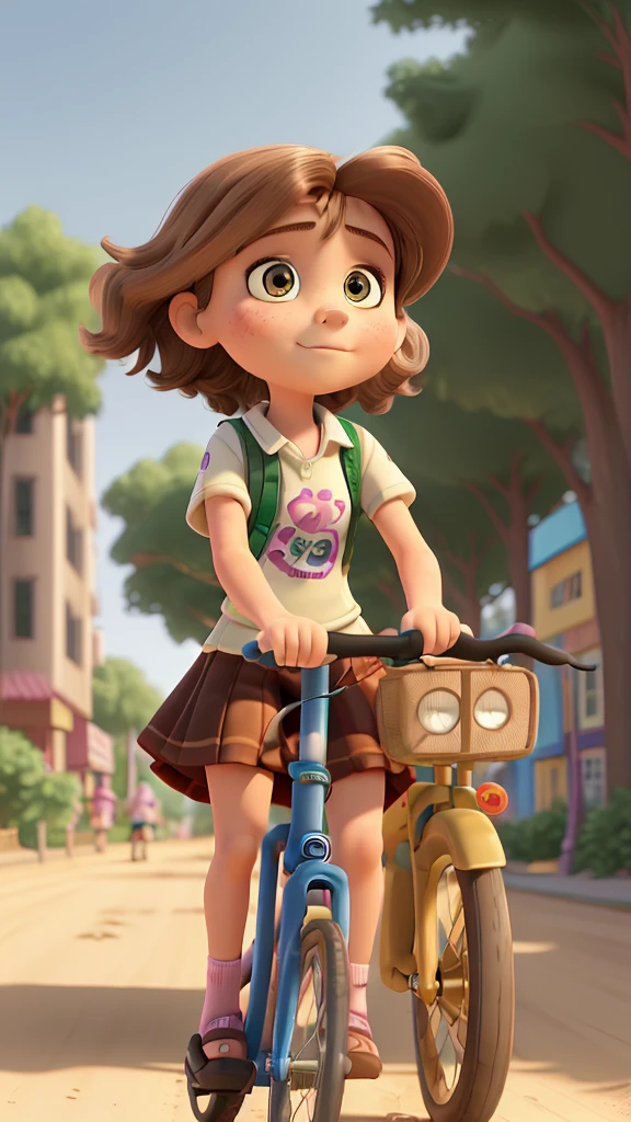 A 9-year-old girl, with brown hair, drives a bicycle, and on the back of the bike, there is another girl, 8 years old, blonde, standing. They ride bicycles through the dirt streets of a coastal city. The image must be sideways.