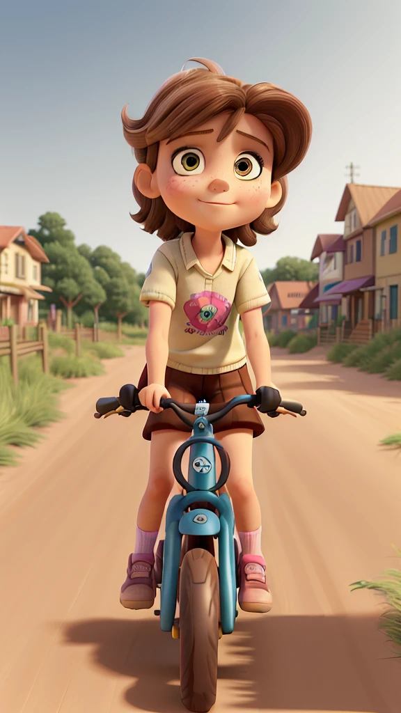 A 9-year-old girl, with brown hair, drives a bicycle, and on the back of the bike, there is another girl, 8 years old, blonde, standing. They ride bicycles through the dirt streets of a coastal city. The image must be sideways.