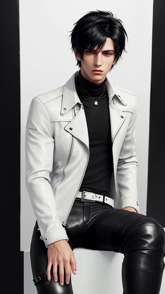 Final fantasy taste and reality graphics, Japanese young cute and cool ikemen boy, his age is early 20s, thin eyebrows and beady eyes, ((he wearing off white color leather thick material jacket)), ((jacket is singlebrest)), biker style jacket, with epaulet, jacket is long sleeve, ((must close the front of the leather jacket)), , ((voluminous leather jacket)), ,((must jacket is high length and stand-up collar)) ((jacket collar with two belts)), ((jacket is a little black color line pattern)),((close the front of the jacket)), ((also wearing black thick material turtleneck lackluster shirts)), ((tight black leather pants)), ((must put on a black leather tight and thin glove both hands)), ((black leather knee-high raceup boots)),((must views head-to-toe)),((must views whole body)), ,((Do not show skin from the neck down)),leather jacket leather glove and leather pants have few wrinkles,boy in the prison room, Avoid showing your innerwear,zip up jacket fastner.
Boy touching owns private parts with right hand.
Bous face is expression of ecstasy.
Boy is black hair.boy looks like fashion model.