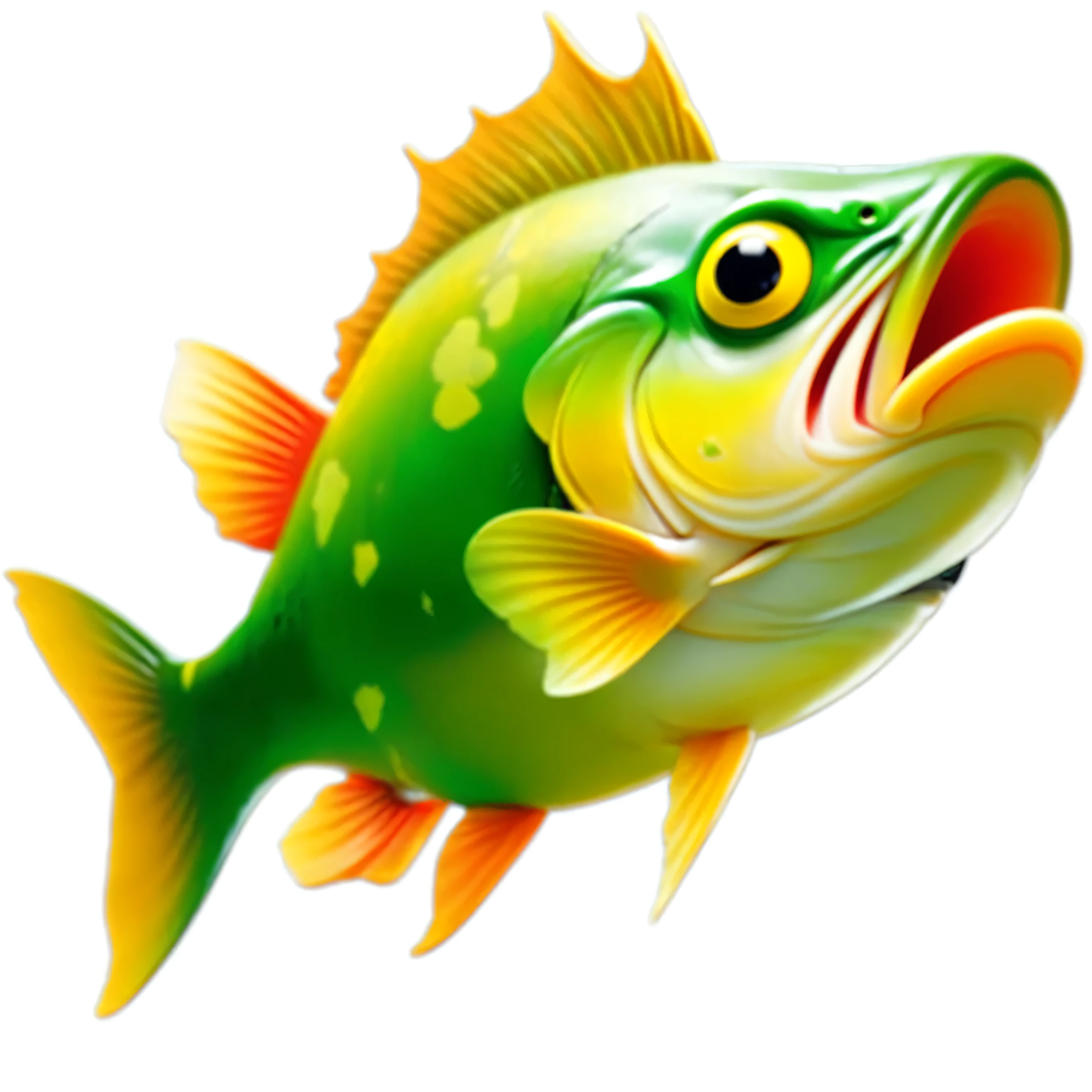 Yellow-green body、Fish with tail, Colorful fish, Fish in the background, Fish swim, big bass fishing, Fish swim around, fish core, bass, Digital Art - N 9, pixar cartoon style,masterpiece, best quality
