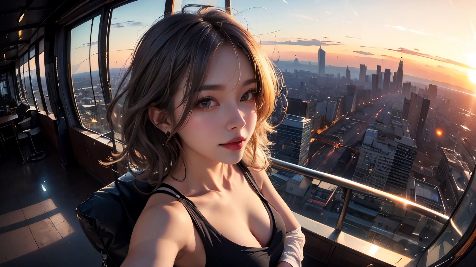 xxmixgirl,One Girl, Fisheye Lens, Selfie, Wind, Messy Hair, sunset, Cityscape, (Aesthetics and atmosphere:1.2), Gray Hair,smile, Film Girl, Short top shirt, Open your chest wide,