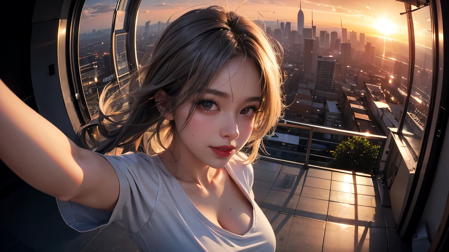xxmixgirl,One Girl, Fisheye Lens, Selfie, Wind, Messy Hair, sunset, Cityscape, (Aesthetics and atmosphere:1.2), Gray Hair,smile, Film Girl, Short top shirt, Open your chest wide,