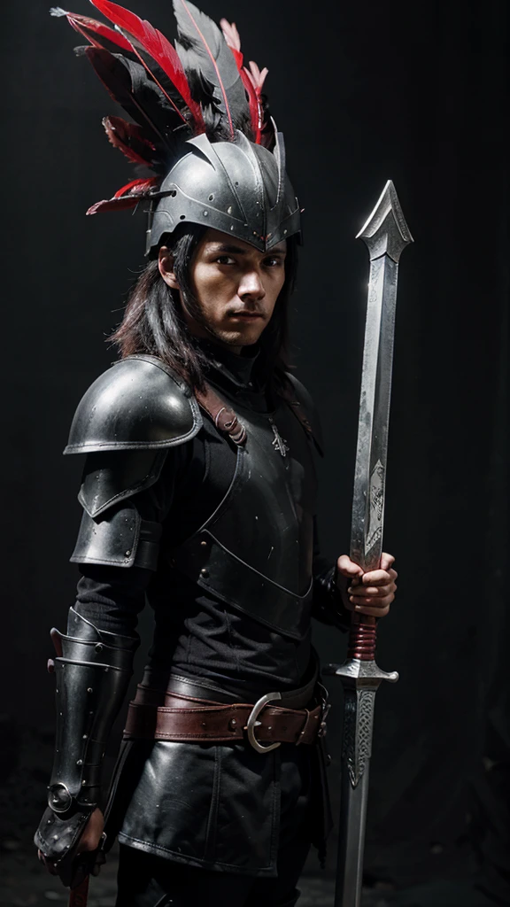 A man wearing black armor, carrying a red sword, and a helmet with black feathers and a dark background, anime.