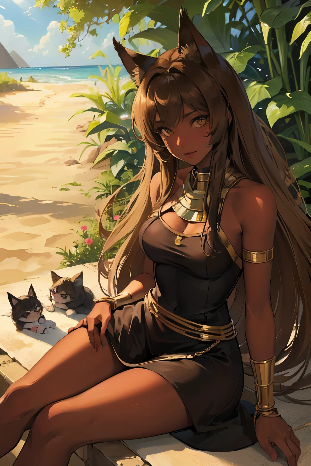 High definition, 16k, natural lighting, extremely detailed, highlights, cartoon, anime, realistic proportions, (20-year-old adult brown-skinned Egyptian goddess with black gold-tipped cat ears sitting on a dune dressed in a linen Egyptian dress)