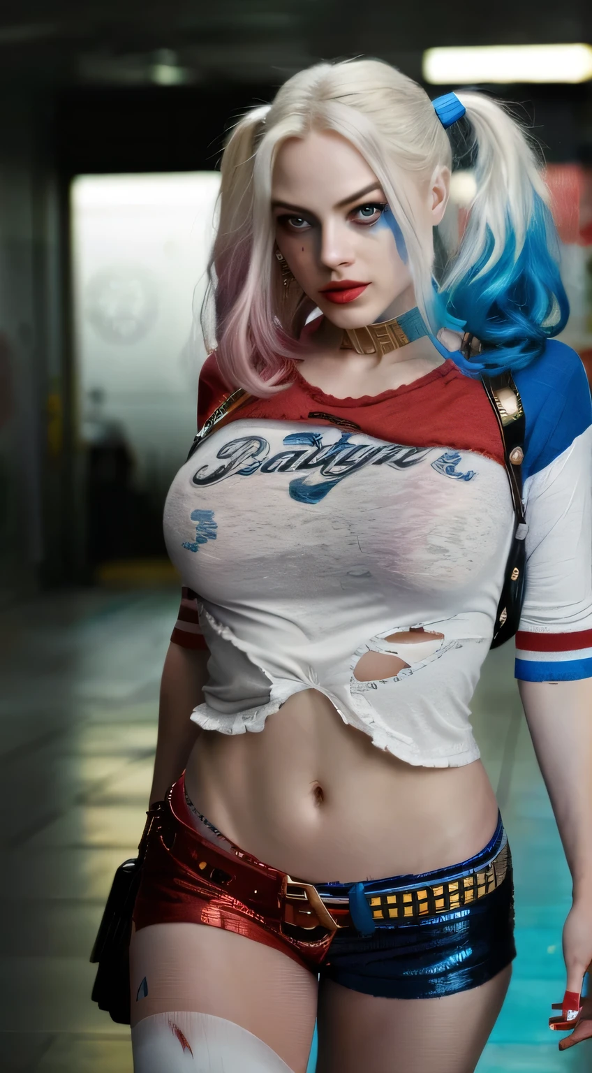 Harley Quinn (Suicide Squad movie), twin-tailed hair, blue eyess, a navel, Look at viewers, put hands behind back, Dolphin Shorts, sexy, (white shirt:1.2), wet see through shirt nipples, wide waist, busty, thick thighs, Harley Quinn inspired makeup, nsfw, underboob showing, big\(BodyProportions\),