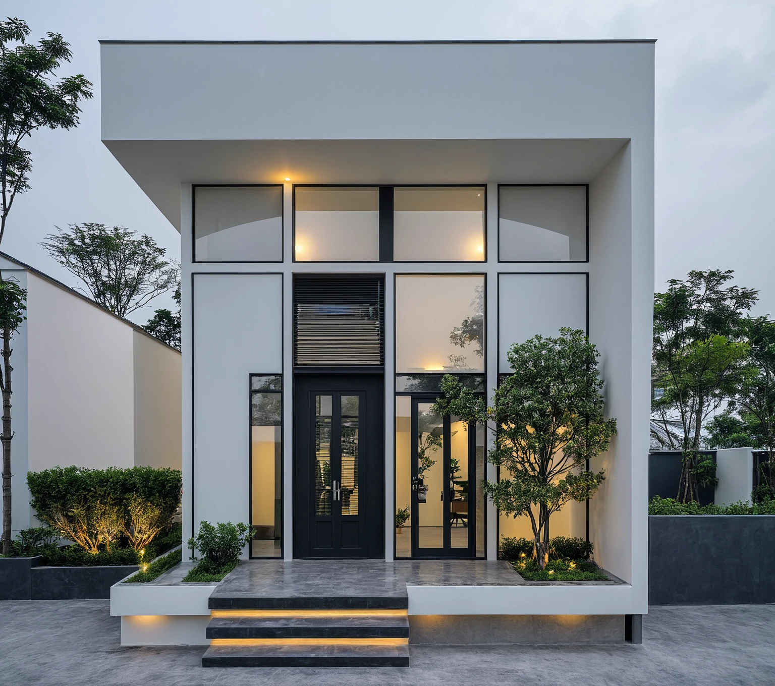 RAW photo, a photo of a modern house, (curvilinear archrchitecture:1.4), Wabisabi style rounded wall, white wall, steel black gate, sidewalk, sidewalk trees, ((grey gate:1.2)), road, viet nam modern residence, ((architectural shot)), rough white wall, new residential area, wide angle exterior 2022, contemporary house, exterior photography, masterpiece, contemporary architecture, overcast, indirect lighting