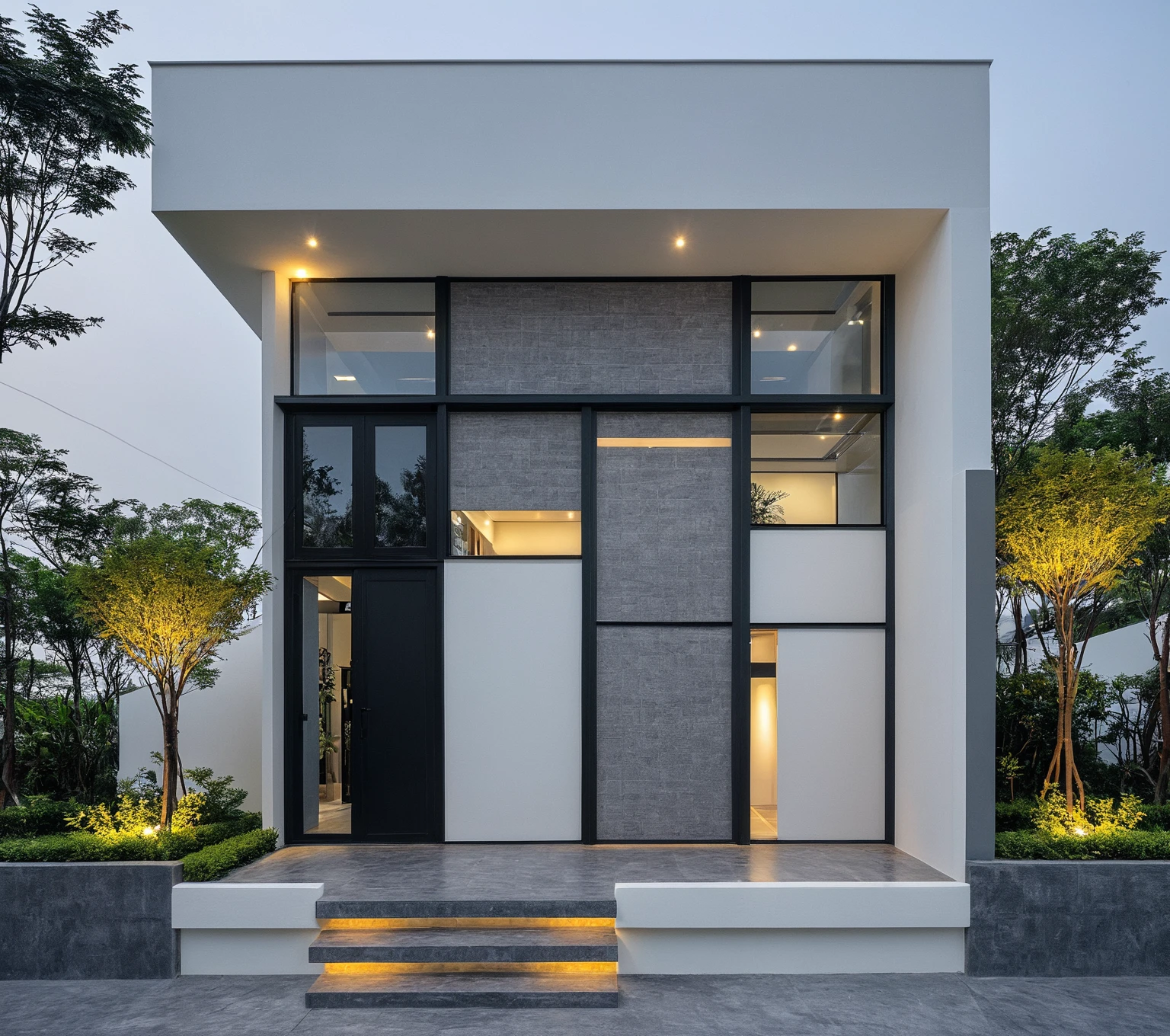 RAW photo, a photo of a modern house, (curvilinear archrchitecture:1.4), Wabisabi style rounded wall, white wall, steel black gate, sidewalk, sidewalk trees, ((grey gate:1.2)), road, viet nam modern residence, ((architectural shot)), rough white wall, new residential area, wide angle exterior 2022, contemporary house, exterior photography, masterpiece, contemporary architecture, overcast, indirect lighting