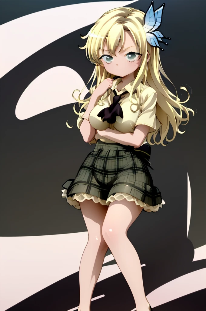 (masterpiece, best quality),  aasena, long hair, hair ornament, large breasts, black neckerchief, shirt, short sleeves, plaid skirt, green skirt,