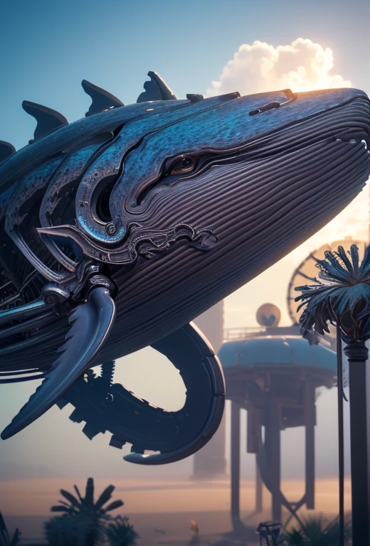 a blue whale, biomechanical, detailed mechanical gears and components inside the whale's body, intricate steampunk style, highly detailed, cinematic lighting, dramatic shadows, vibrant colors, digital art, concept art, hyperrealistic, 8k, (best quality,4k,8k,highres,masterpiece:1.2),ultra-detailed,(realistic,photorealistic,photo-realistic:1.37)