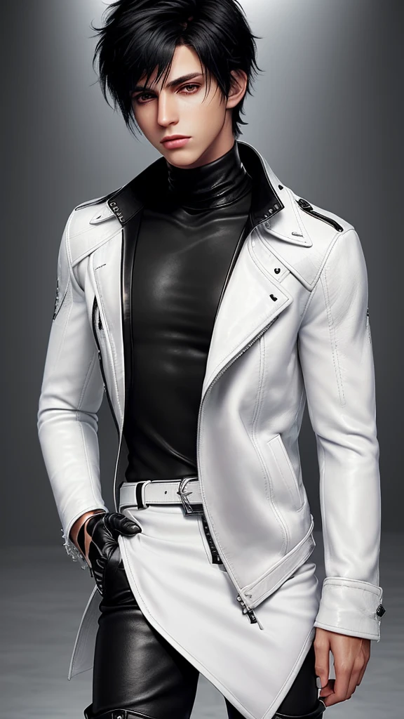 Final fantasy taste and reality graphics, Japanese young cute and cool ikemen boy, his age is early 20s, thin eyebrows and beady eyes, ((he wearing off white color leather thick material jacket)), ((jacket is singlebrest)), biker style jacket, with epaulet, jacket is long sleeve, ((must close the front of the leather jacket)), , ((voluminous leather jacket)), ,((must jacket is high length and stand-up collar)) ((jacket collar with two belts)), ((jacket is a little black color line pattern)),((close the front of the jacket)), ((also wearing black thick material turtleneck lackluster shirts)), ((tight black leather pants)), ((must put on a black leather tight and thin glove both hands)), ((black leather knee-high raceup boots)),((must views head-to-toe)),((must views whole body)), ,((Do not show skin from the neck down)),leather jacket leather glove and leather pants have few wrinkles,boy in the prison room, Avoid showing your innerwear,zip up jacket fastner.
Boy touching owns private parts with right hand.
Bous face is expression of ecstasy.
Boy is black hair.boy looks like fashion model.